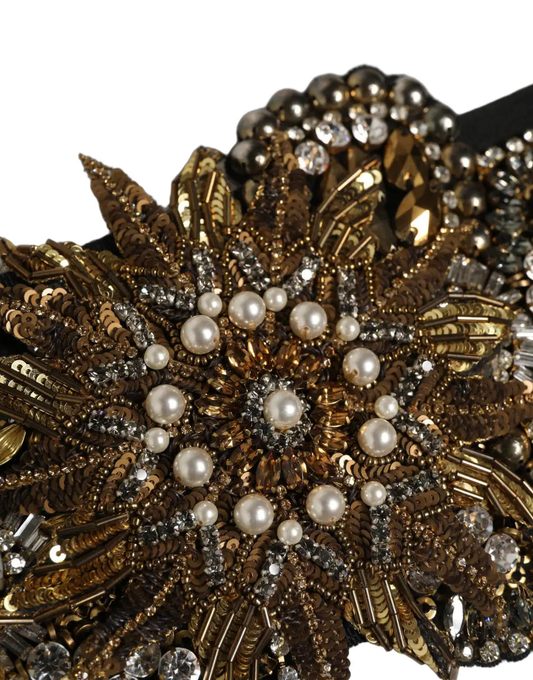 Dolce &amp; Gabbana Black Gold Tone Crystal Brass Flower Brooches Belt