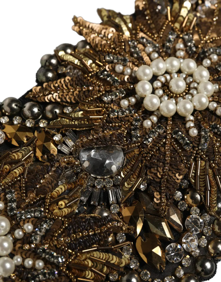 Dolce &amp; Gabbana Black Gold Tone Crystal Brass Flower Brooches Belt