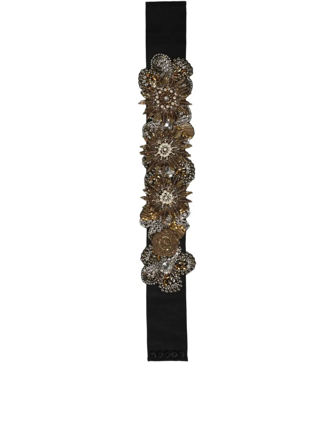 Dolce &amp; Gabbana Black Gold Tone Crystal Brass Flower Brooches Belt