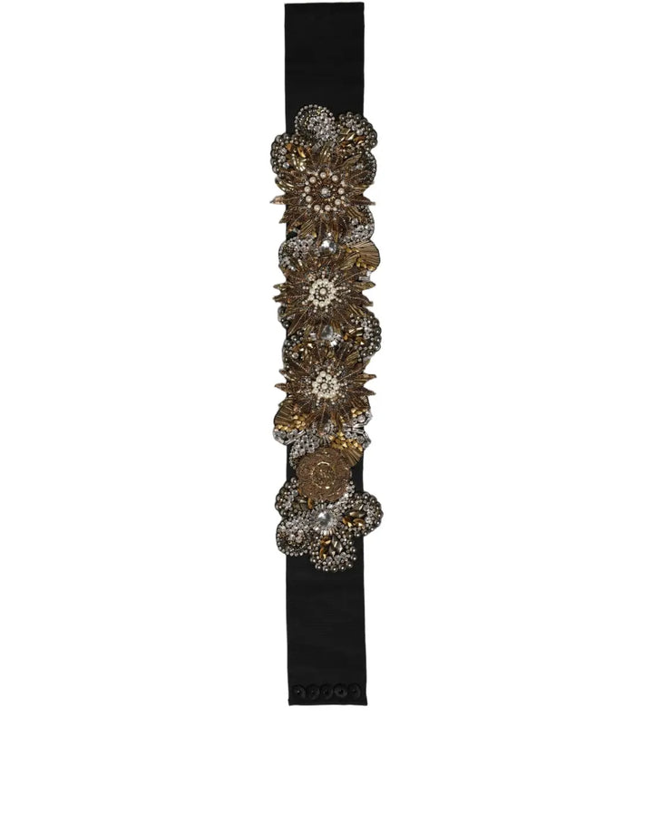 Dolce &amp; Gabbana Black Gold Tone Crystal Brass Flower Brooches Belt