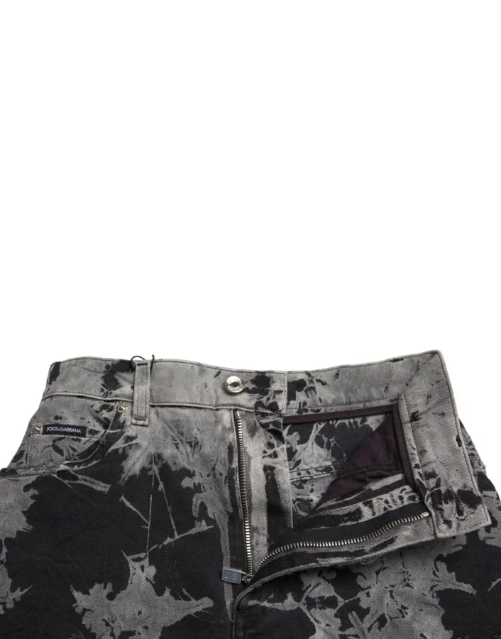 Dolce &amp; Gabbana Black Gray Lace Cotton High Waist Denim Mini Skirt