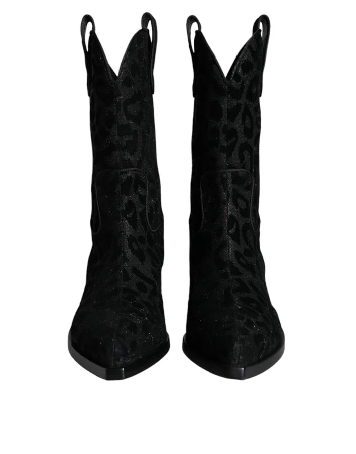 Dolce &amp; Gabbana Black Gray Leopard Cowboy Boots Shoes