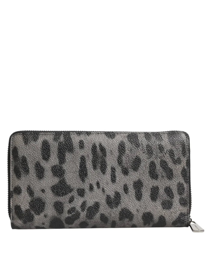 Dolce &amp; Gabbana Black Gray Leopard Leather Zip Around Continental Wallet