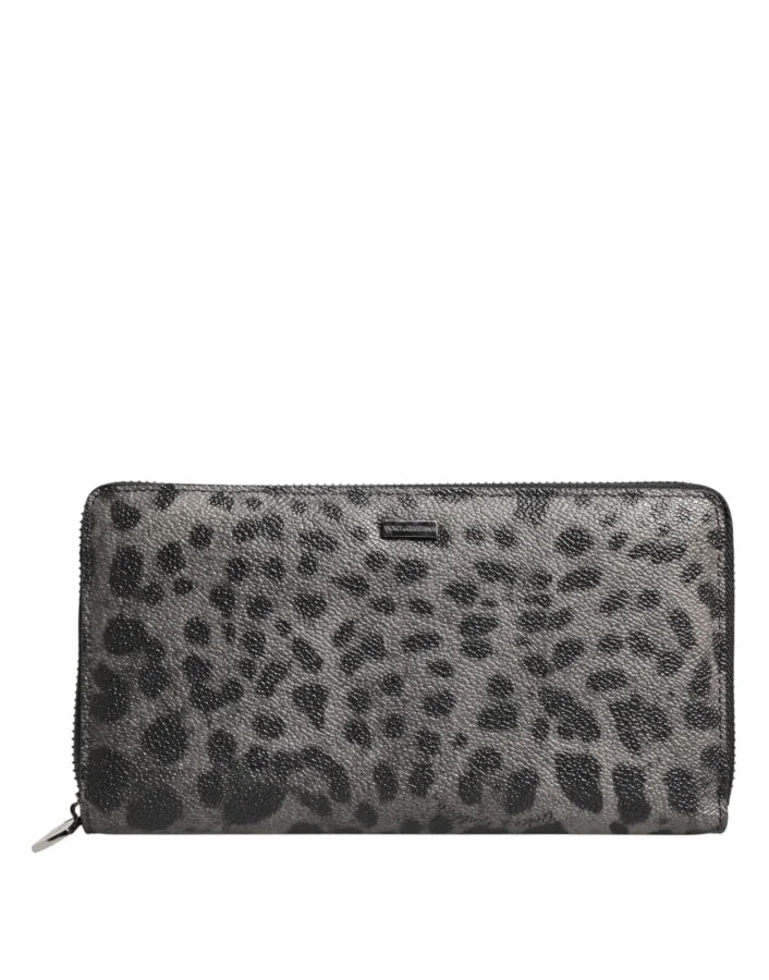Dolce &amp; Gabbana Black Gray Leopard Leather Zip Around Continental Wallet