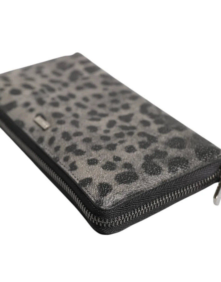 Dolce &amp; Gabbana Black Gray Leopard Leather Zip Around Continental Wallet