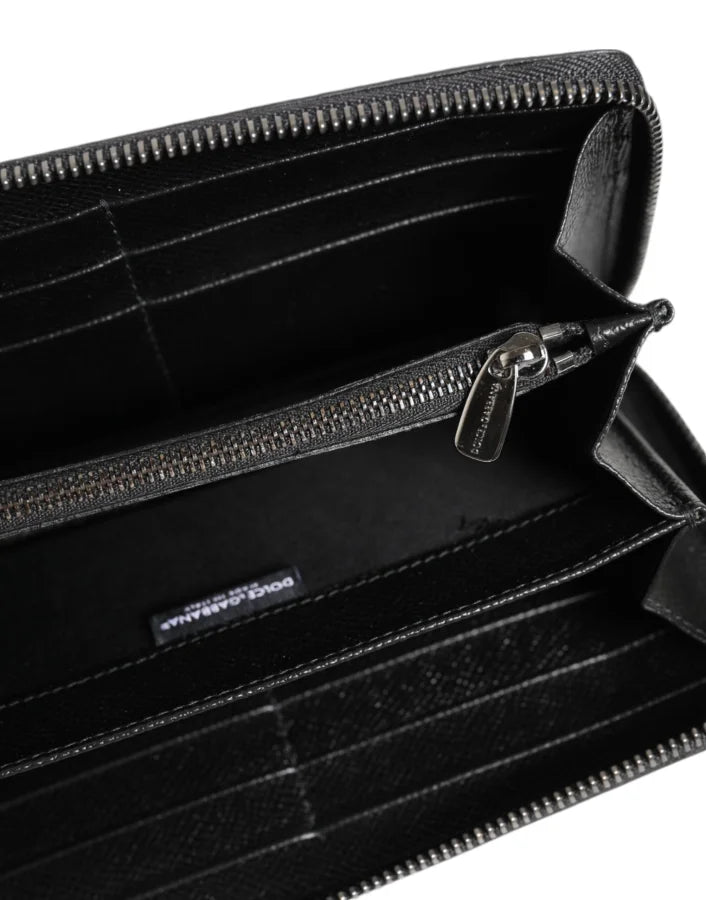 Dolce &amp; Gabbana Black Gray Leopard Leather Zip Around Continental Wallet