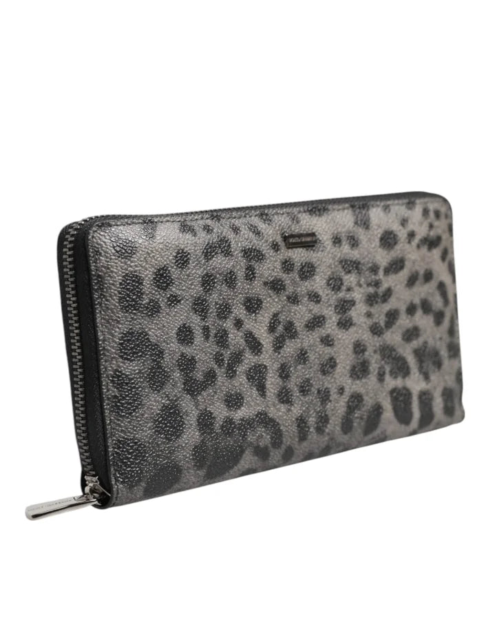 Dolce &amp; Gabbana Black Gray Leopard Leather Zip Around Continental Wallet
