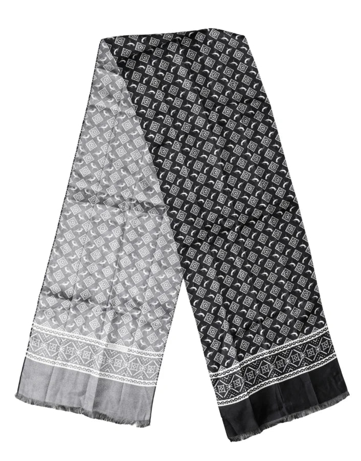 Dolce &amp; Gabbana Black Gray Silk Bird Fringe Wrap Foulard 140cm X 23cm Scarf