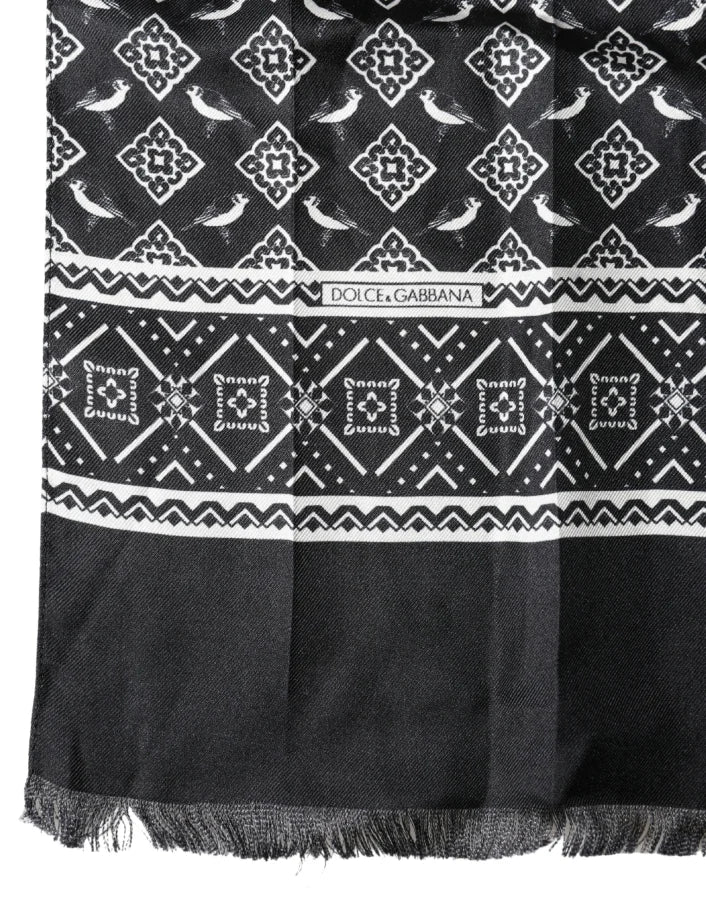 Dolce &amp; Gabbana Black Gray Silk Bird Fringe Wrap Foulard 140cm X 23cm Scarf