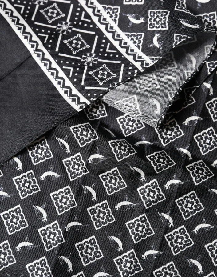 Dolce &amp; Gabbana Black Gray Silk Bird Fringe Wrap Foulard 140cm X 23cm Scarf
