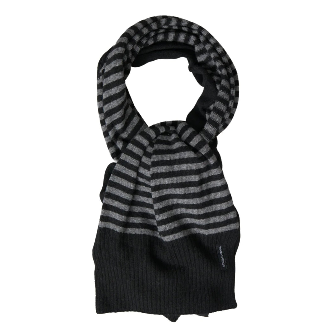 Dolce & Gabbana Black Gray Stripe Wool Neck Wrap Shawl Scarf
