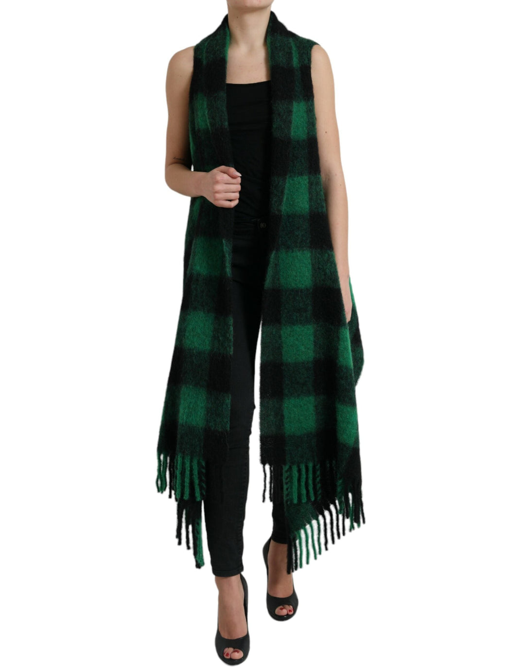 Dolce &amp; Gabbana Wrap Coats - Black Green Buffalo Check Poncho Coat Jacket