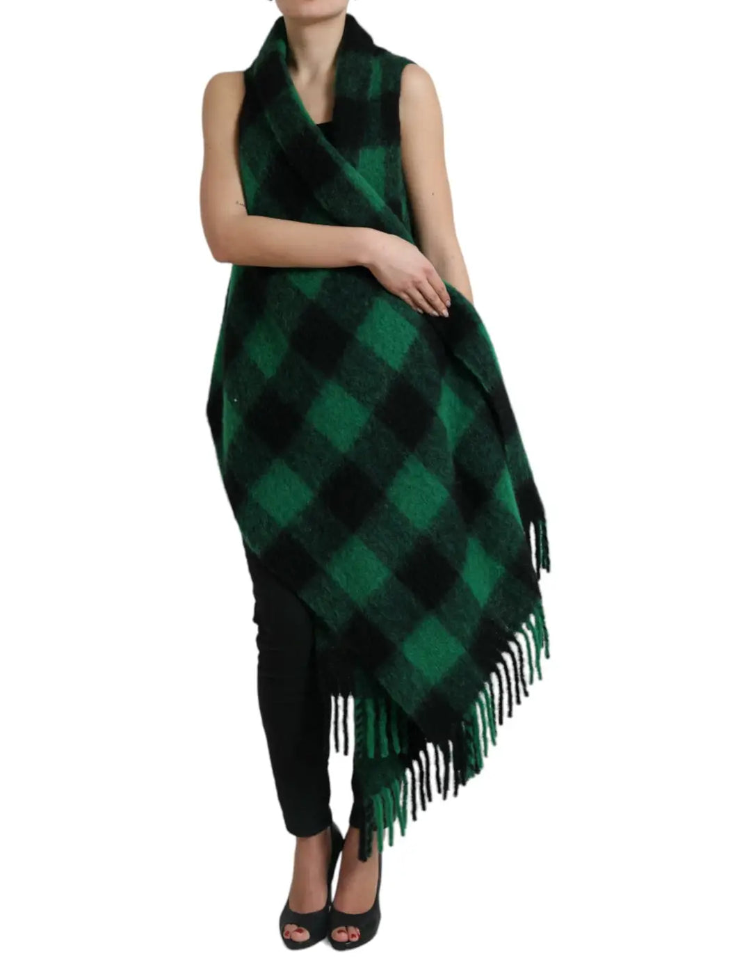 Dolce &amp; Gabbana Black Green Buffalo Check Poncho Coat Jacket