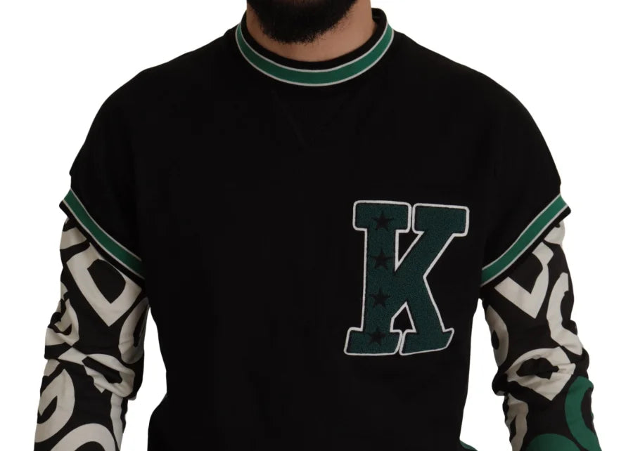 Dolce &amp; Gabbana Black Green Cotton KING Star Crewneck Pullover Sweater