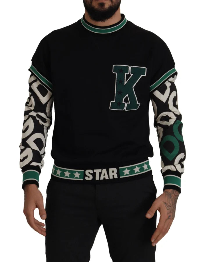 Dolce &amp; Gabbana Black Green Cotton KING Star Crewneck Pullover Sweater