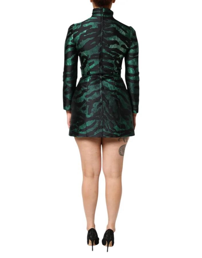 Dolce &amp; Gabbana Black Green Metallic Jacquard Mini Long Dress
