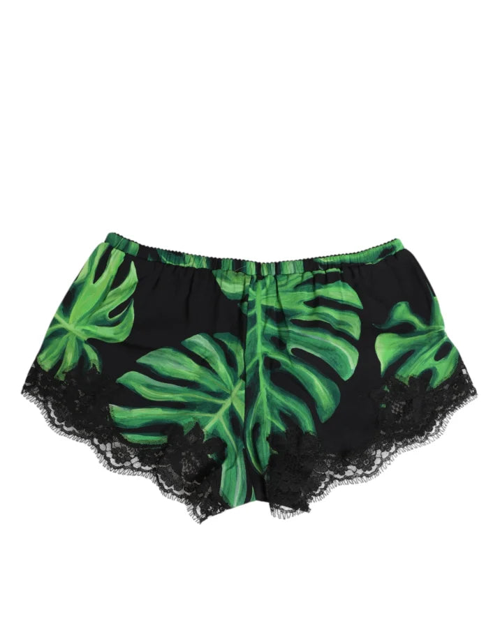 Dolce &amp; Gabbana Black Green Tropical Print Lace Underwear