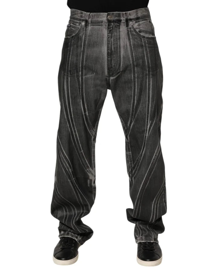 Dolce &amp; Gabbana Black Grey Graphic Print Denim Pants Jeans