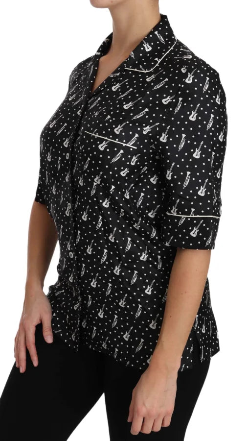 Dolce & Gabbana Black GuitarTrumpet Print Silk Shirt Top