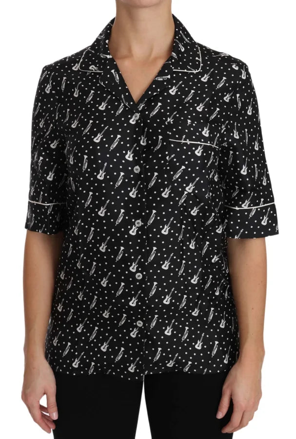 Dolce & Gabbana Black GuitarTrumpet Print Silk Shirt Top