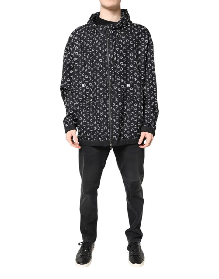 Dolce &amp; Gabbana Black Heart Print Hooded Windbreaker Jacket