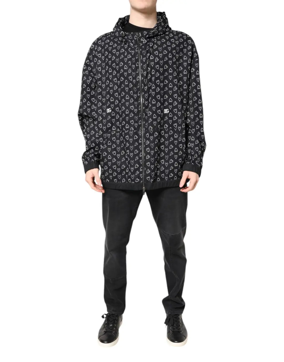 Dolce &amp; Gabbana Black Heart Print Hooded Windbreaker Jacket