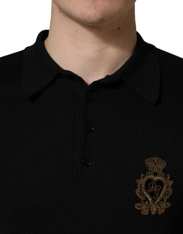 Dolce &amp; Gabbana Black Heraldic Crest Patch Silk Polo T-shirt