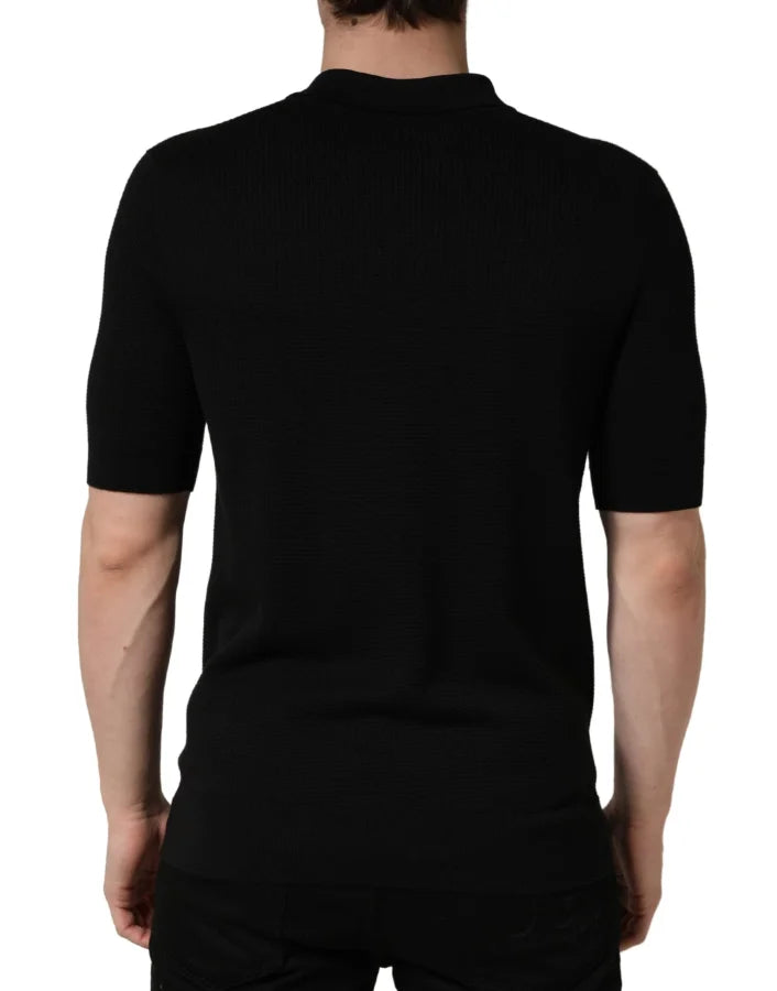 Dolce &amp; Gabbana Black Heraldic Crest Patch Silk Polo T-shirt