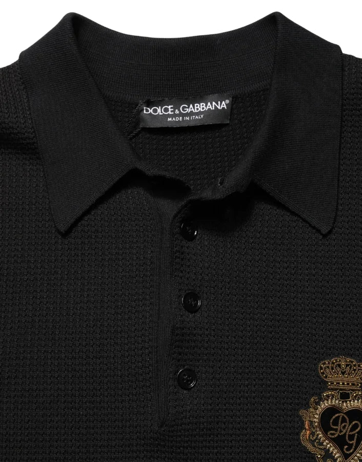 Dolce &amp; Gabbana Black Heraldic Crest Patch Silk Polo T-shirt