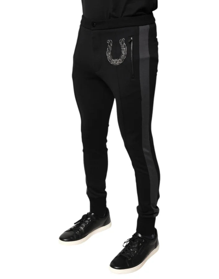 Dolce &amp; Gabbana Black Horseshoe Embellished Wool Slim Fit Pants