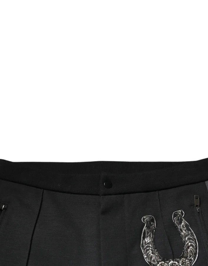 Dolce &amp; Gabbana Black Horseshoe Embellished Wool Slim Fit Pants