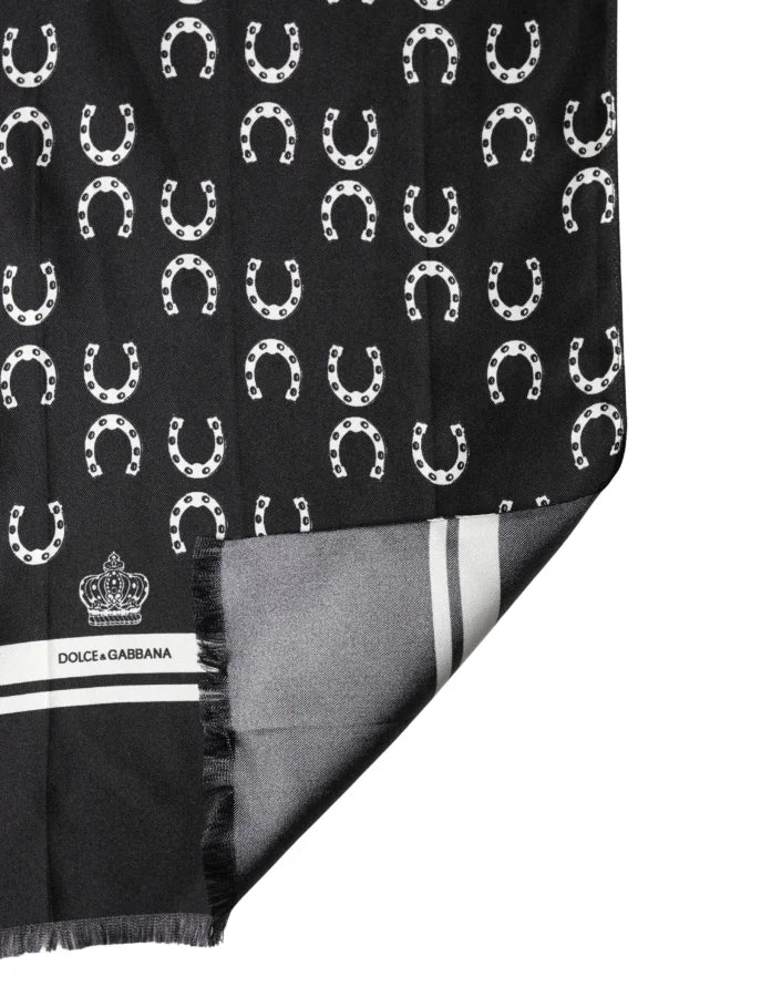 Dolce &amp; Gabbana Black Horseshoe Silk Neck Foulard 136cm x 23cm Men Scarf