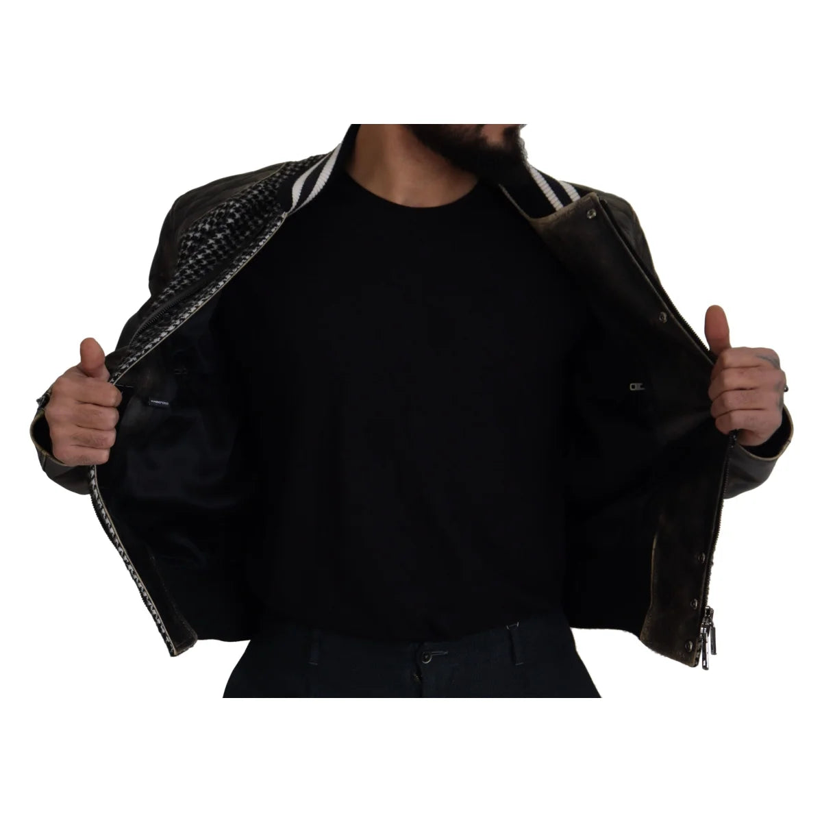 Dolce & Gabbana Black Houndstooth Polyester Bomber Jacket