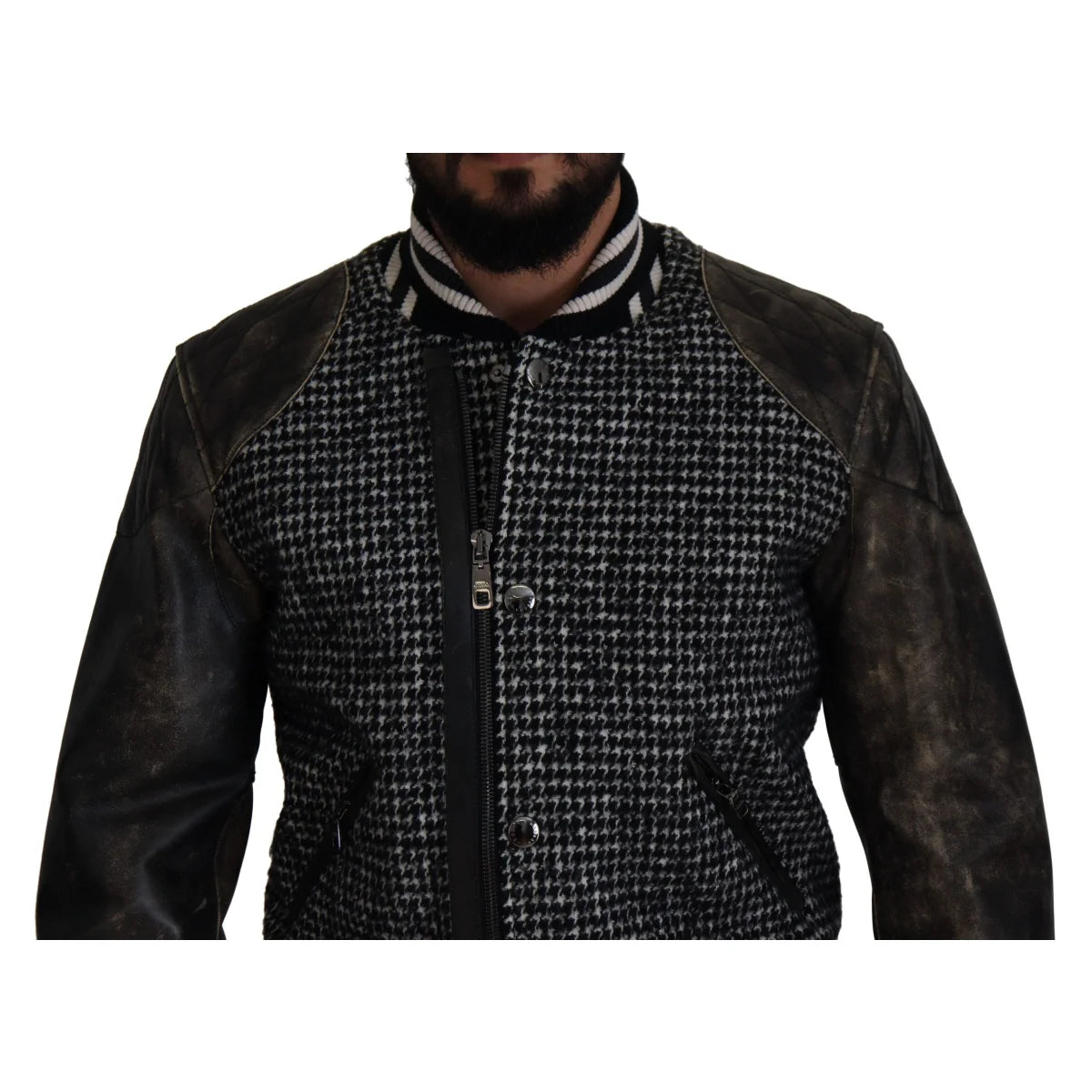 Dolce & Gabbana Black Houndstooth Polyester Bomber Jacket