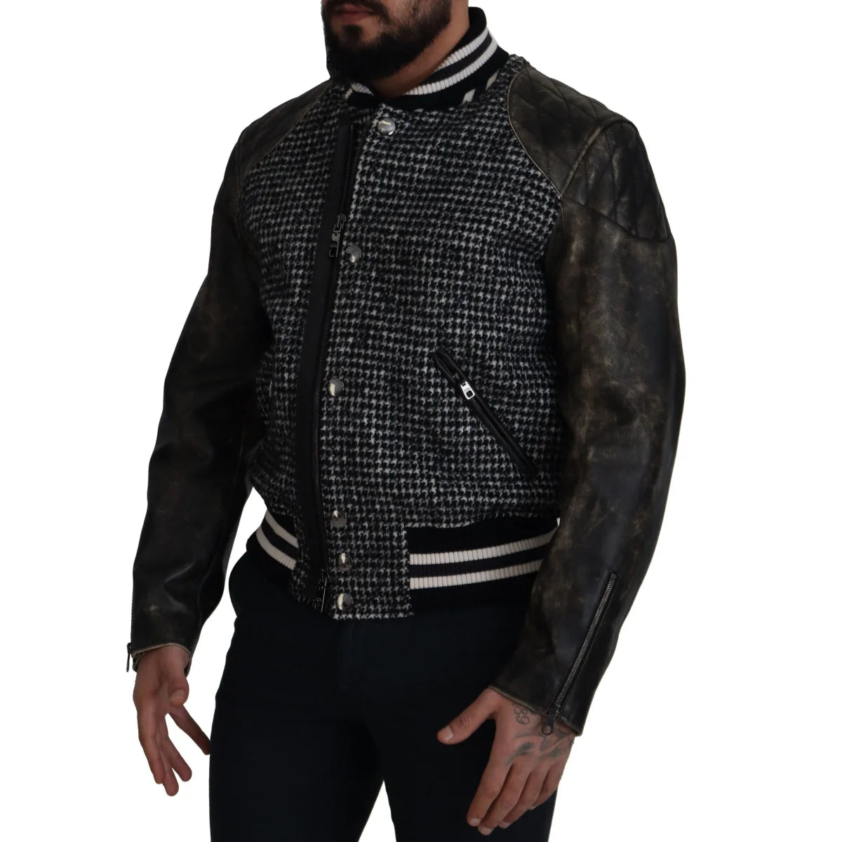 Dolce & Gabbana Black Houndstooth Polyester Bomber Jacket