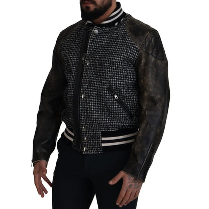 Dolce & Gabbana Black Houndstooth Polyester Bomber Jacket