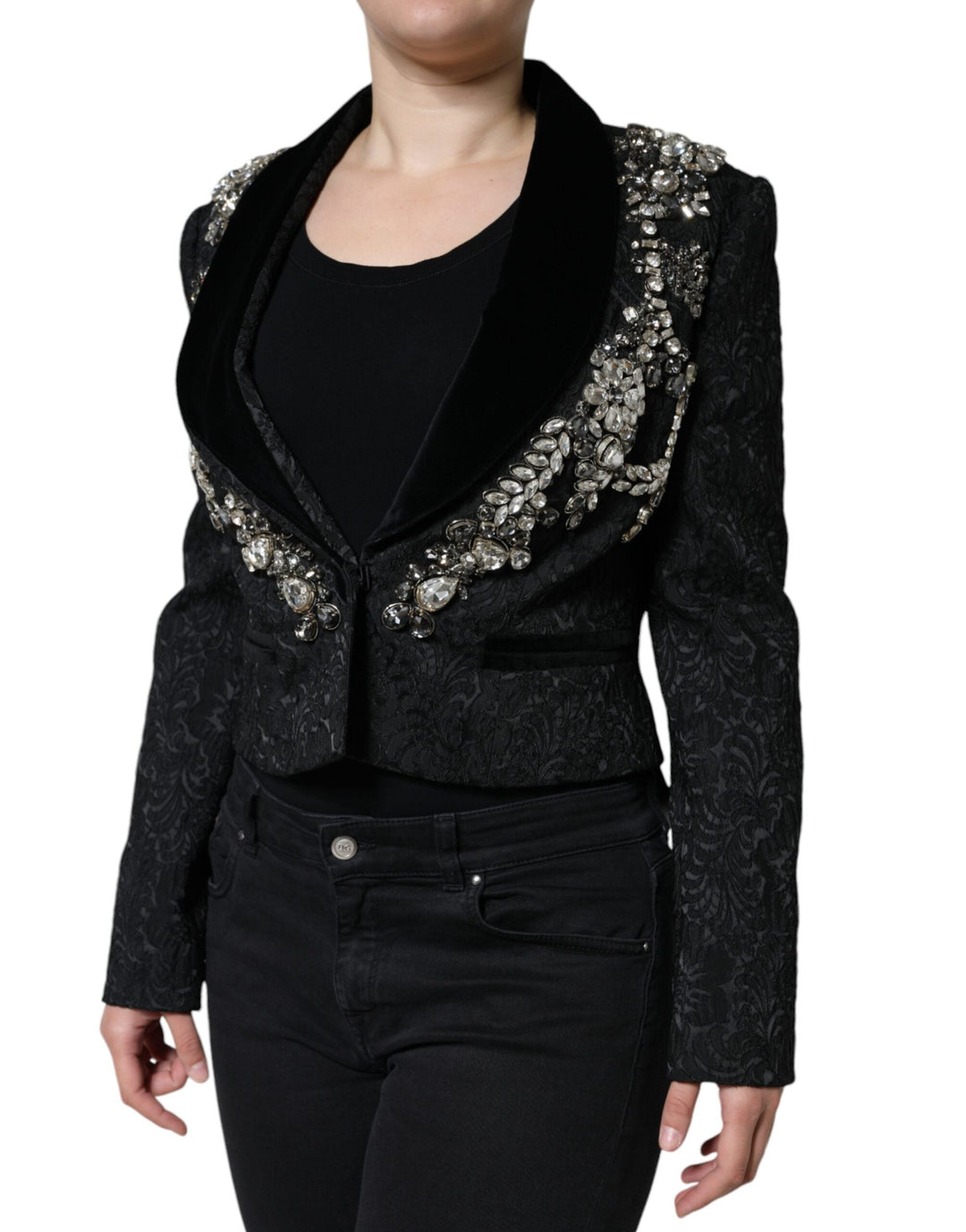 Dolce &amp; Gabbana Bolero Jackets - Black Jacquard Crystal Floral Jacket Blazer