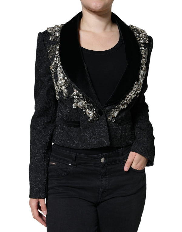 Dolce & Gabbana Bolero Jackets - Black Jacquard Crystal Floral Jacket Blazer
