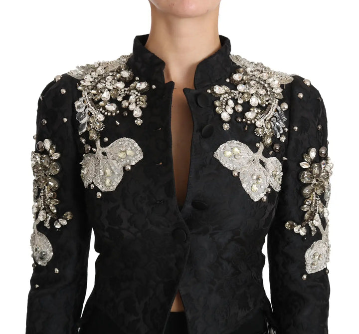 Dolce &amp; Gabbana Black Jacquard Crystal Floral Jacket