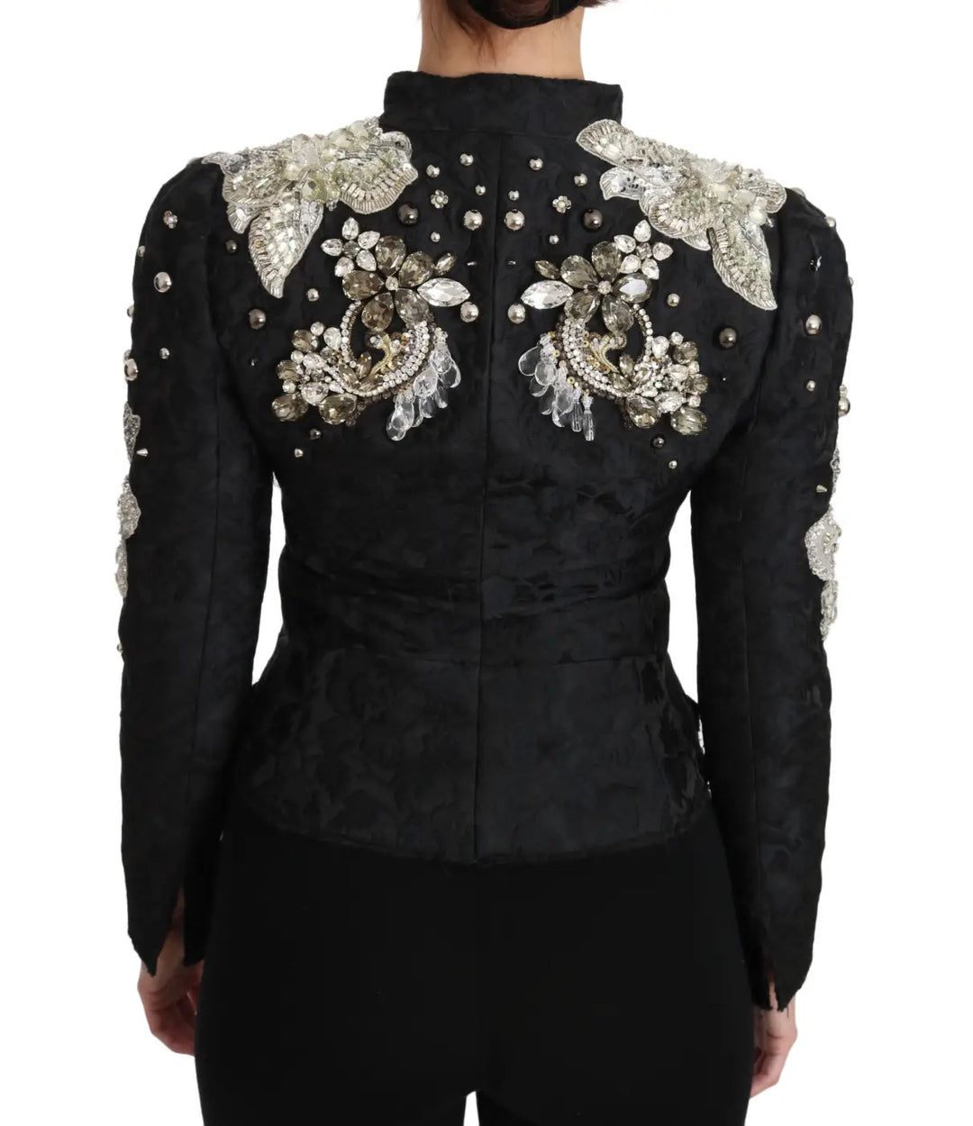 Dolce &amp; Gabbana Black Jacquard Crystal Floral Jacket