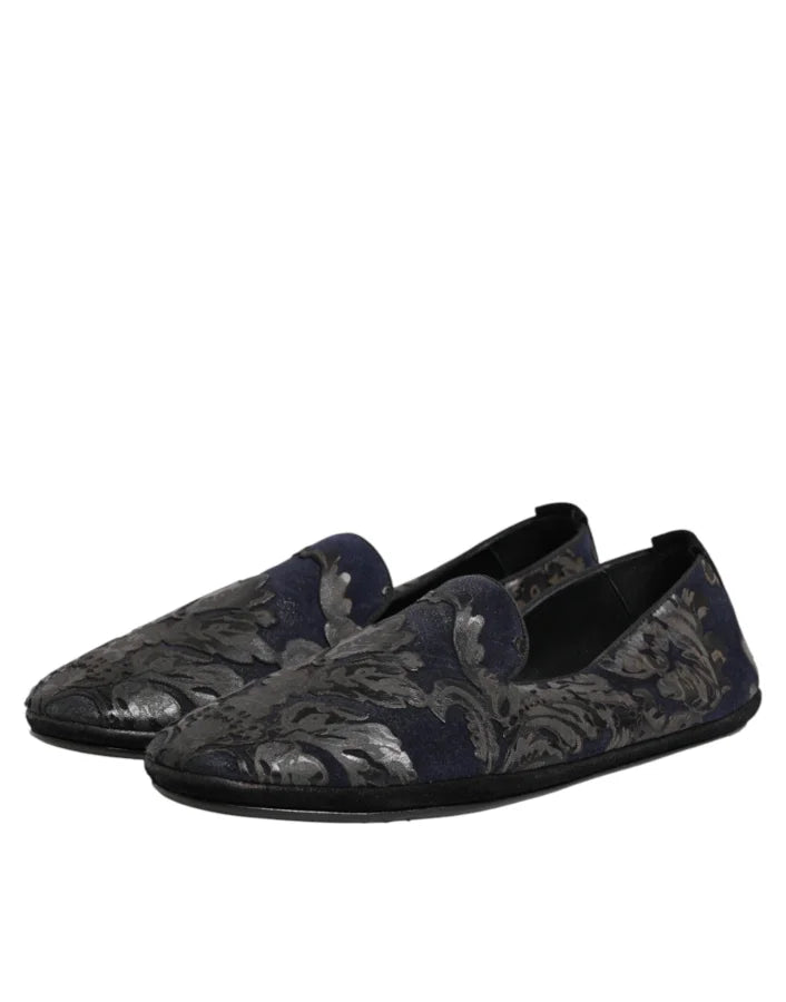 Dolce &amp; Gabbana Black Jacquard Leather Slip On Loafers Shoes