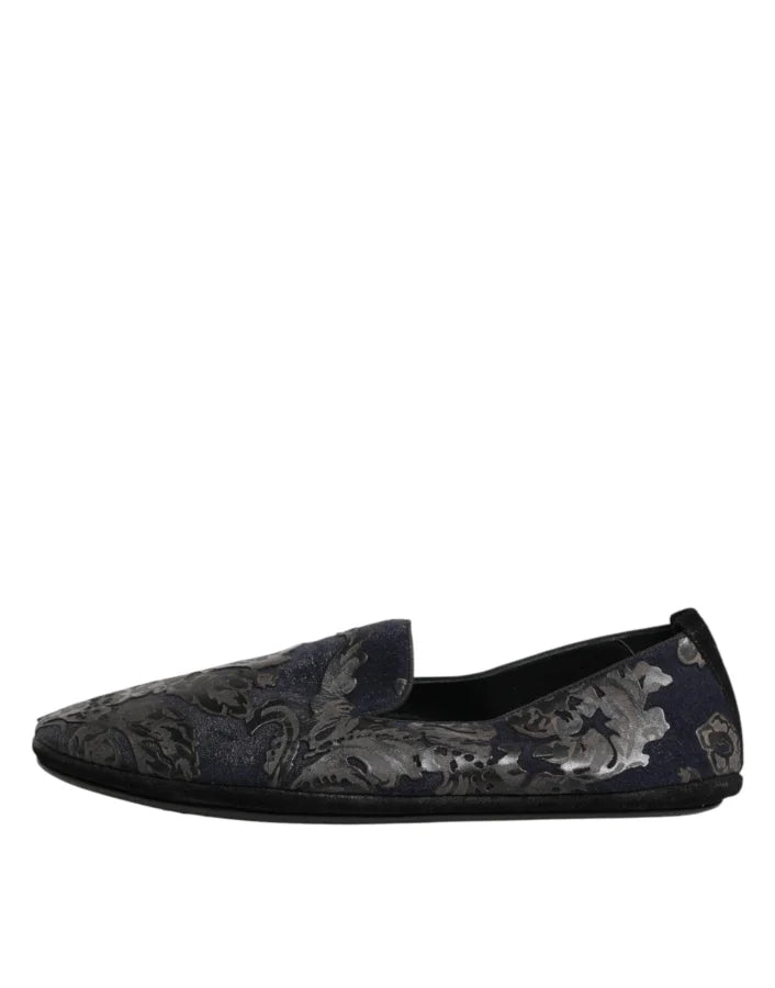 Dolce &amp; Gabbana Black Jacquard Leather Slip On Loafers Shoes
