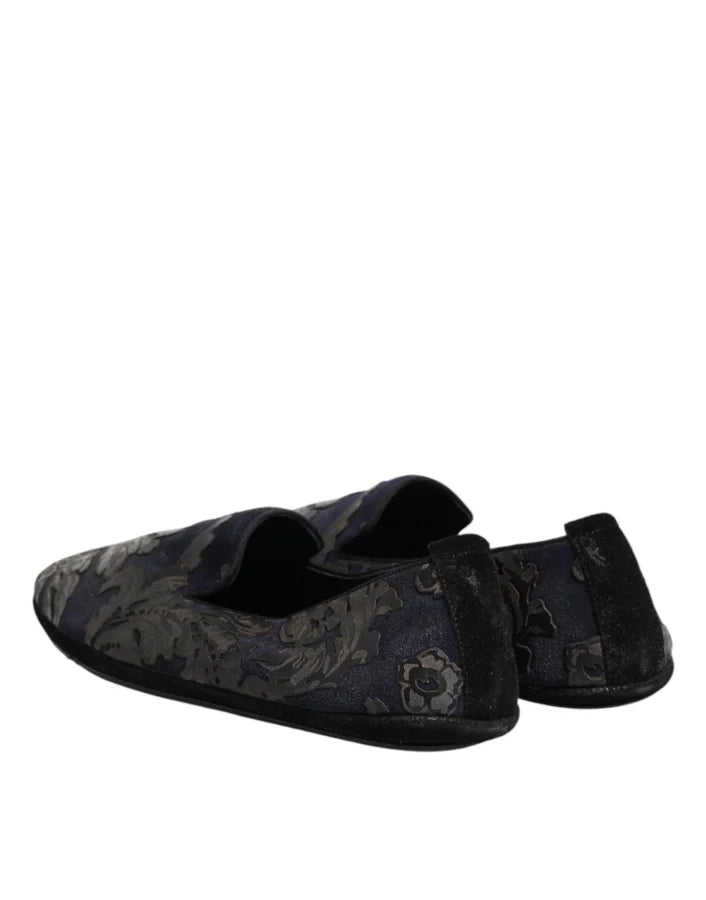 Dolce &amp; Gabbana Black Jacquard Leather Slip On Loafers Shoes