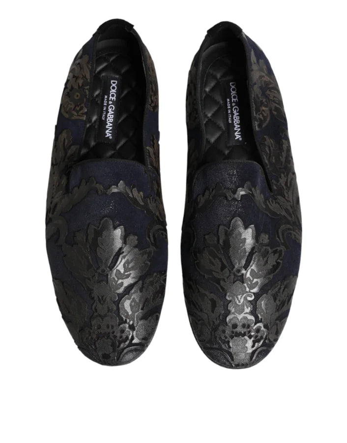 Dolce &amp; Gabbana Black Jacquard Leather Slip On Loafers Shoes