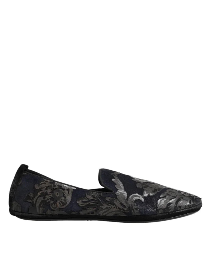 Dolce &amp; Gabbana Black Jacquard Leather Slip On Loafers Shoes