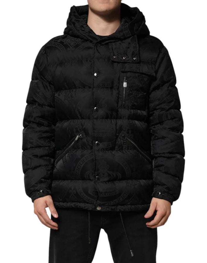 Dolce & Gabbana Black Jacquard Quilted Puffer Hooded Jacket