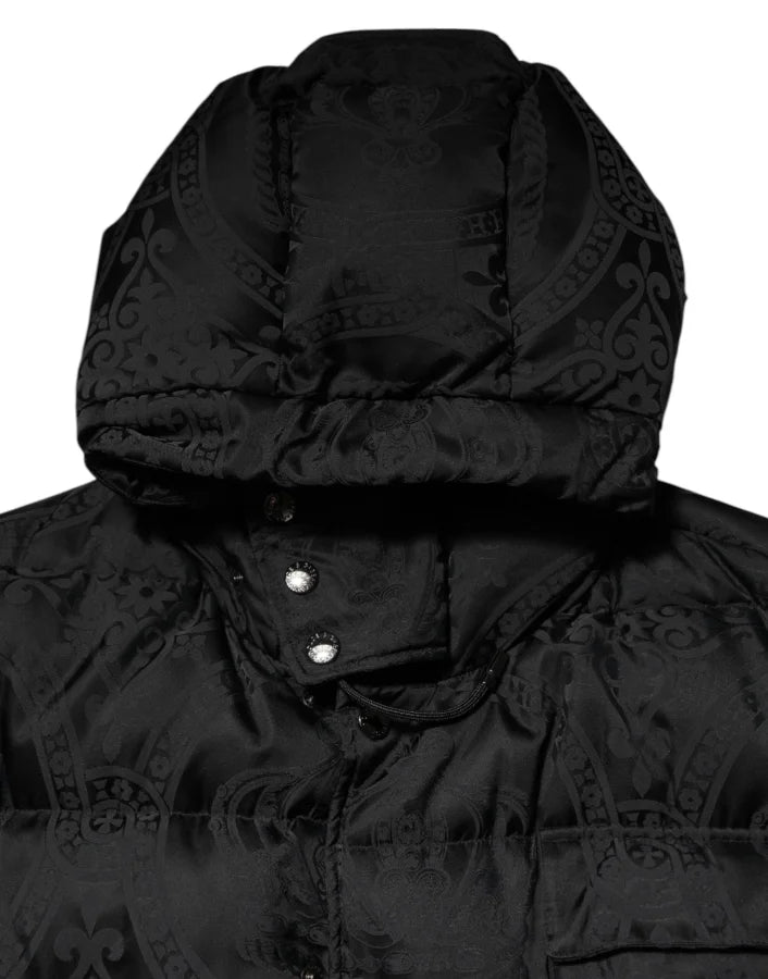 Dolce & Gabbana Black Jacquard Quilted Puffer Hooded Jacket