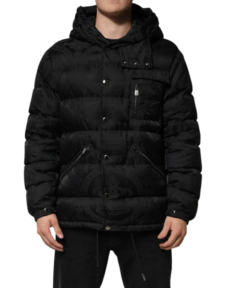 Dolce &amp; Gabbana Black Jacquard Quilted Puffer Hooded Jacket