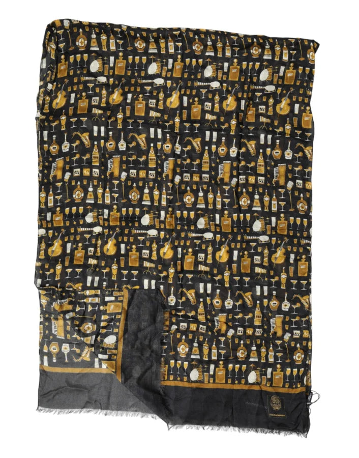Dolce &amp; Gabbana Black Jazz Club Print Neck Wrap Shawl Scarf