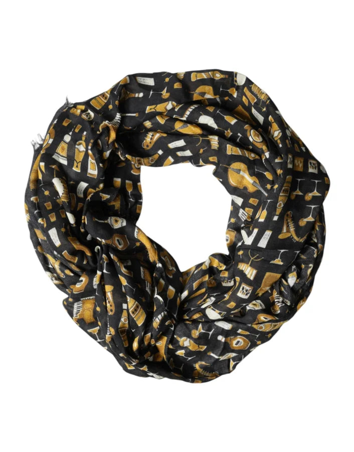 Dolce &amp; Gabbana Black Jazz Club Print Neck Wrap Shawl Scarf